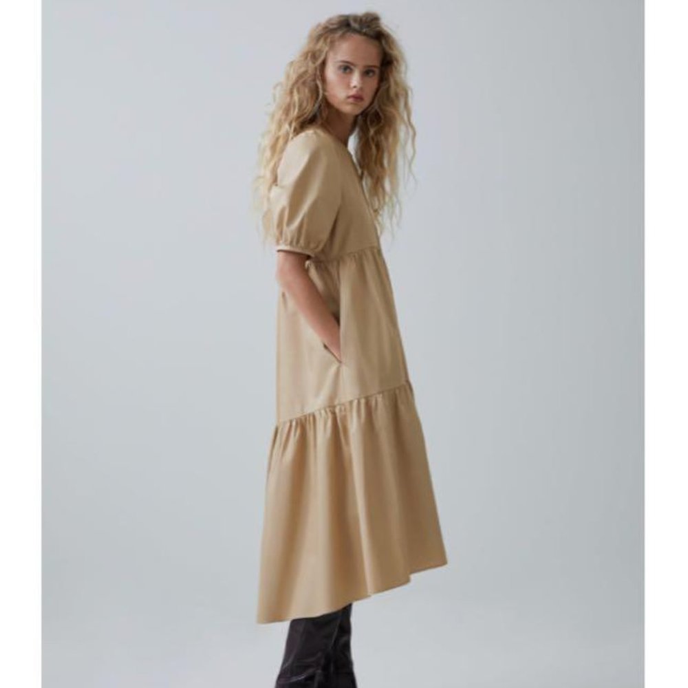 Zara Beige Poplin Midi Dress with Puff Sleeves